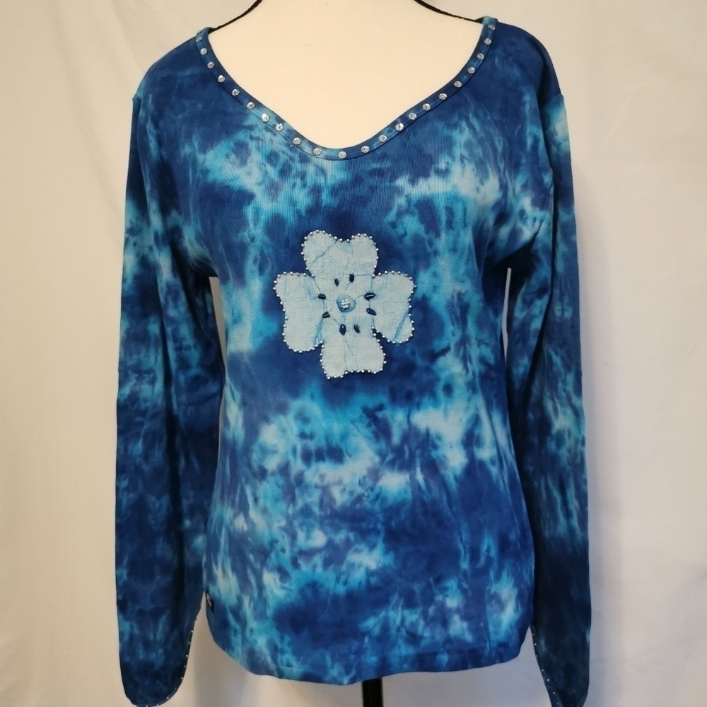 Gasoline Blue Tie-dyed V-Neck Long Sleeve Top with Bling - Sz S Open To Offers